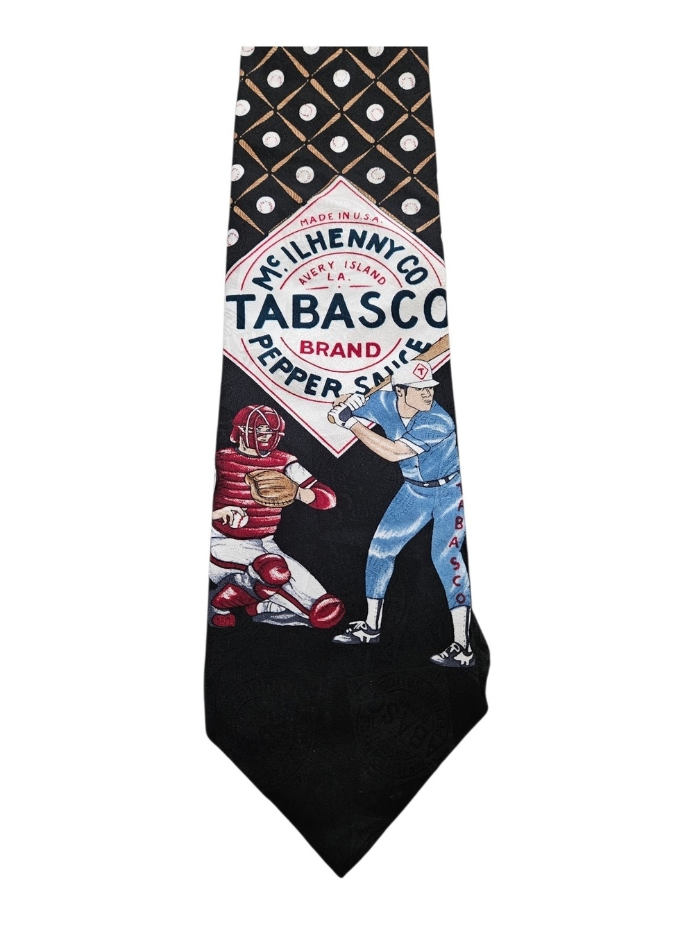 Y2K Tabasco Black 100% Silk Tie with Red and Blue Baseball Graphics
